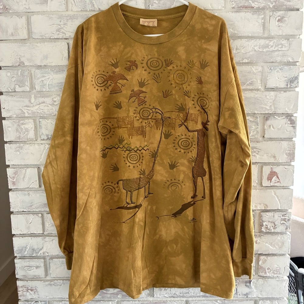 Vtg 1997 The Mountain Aboriginal Art Long Sleeve Shirt XXL Mustard Tie Dye 90s